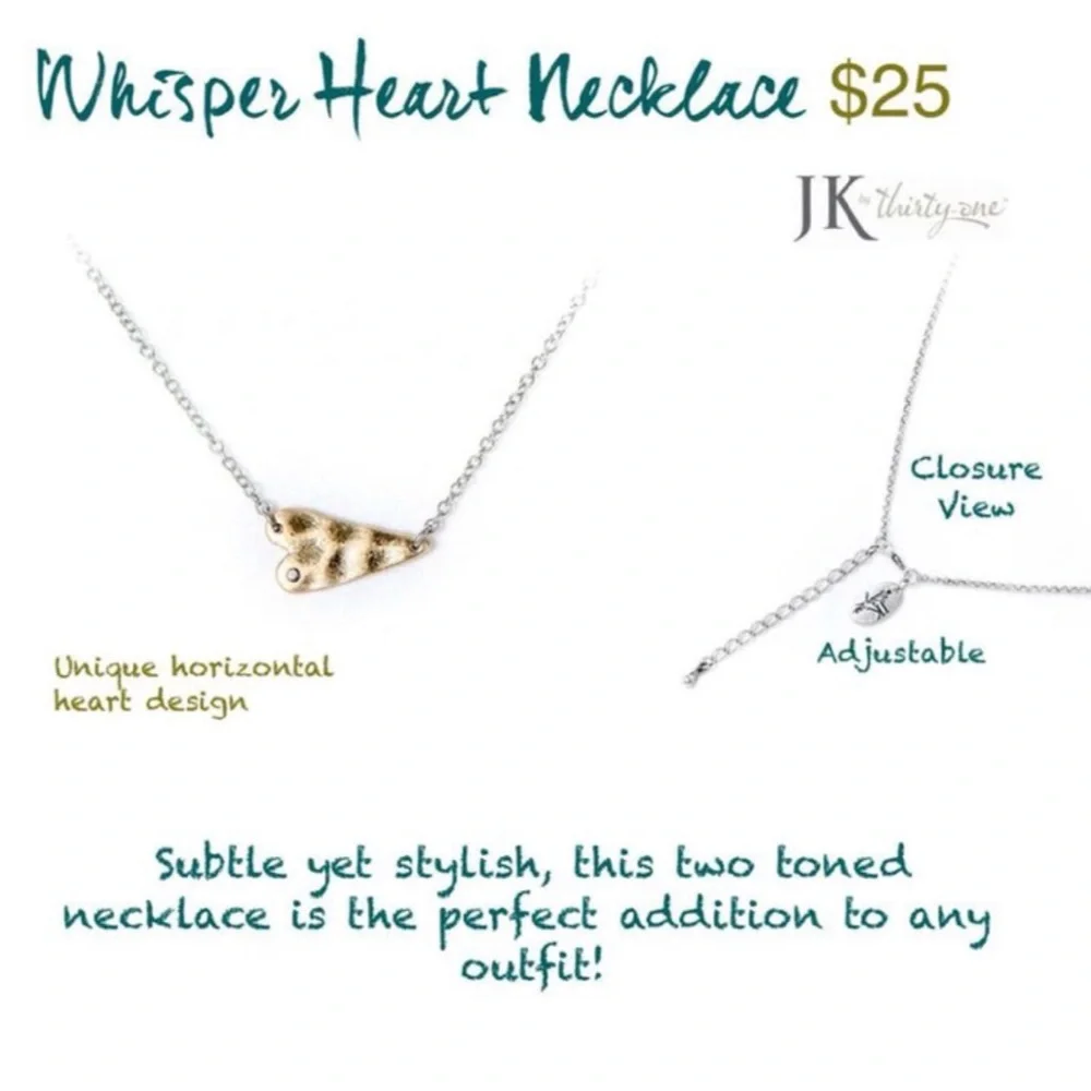 JK by Thirty-one Whisper Heart Necklace & Gift Bag Two Tone 18” Gold Silver